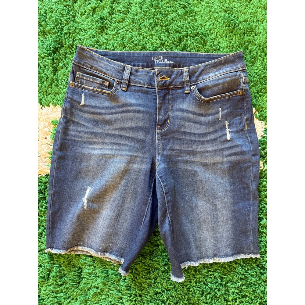 Time and Tru Denim Shorts Womens 8 Blue Excellent Distressed Mid-Rise Frayed Hem